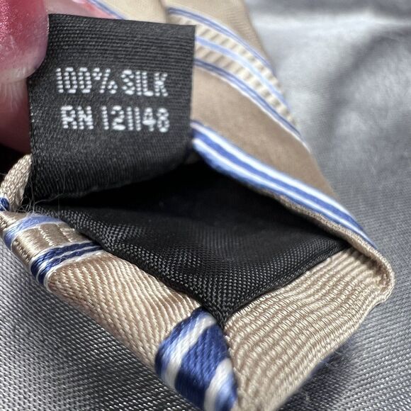 Michael Kors Mens Neck Tie Necktie Silk Tan Blue White Stripes 59” L 3.5” Gifts - Picture 7 of 9